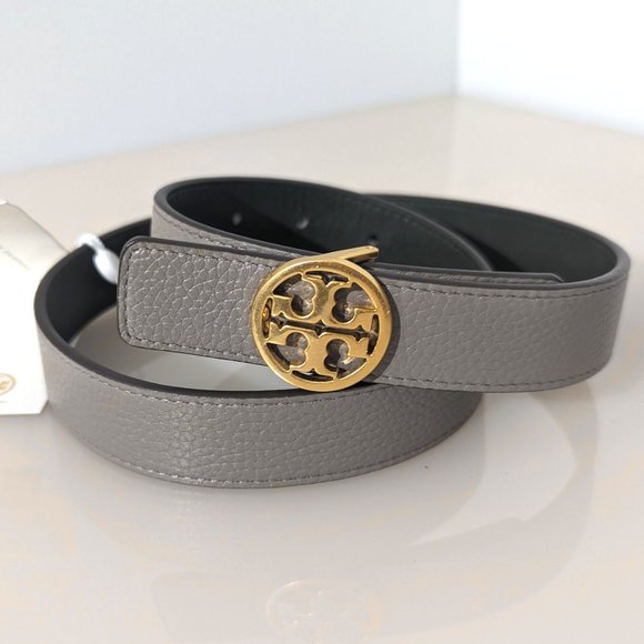 Tory Burch Reversible 1" Logo Buckle Belt Gray Heron Poblano Gold Green - Picture 3 of 7